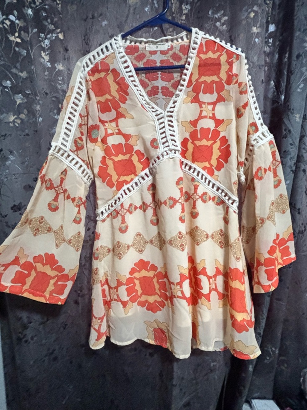 Free People Homemade Floral Lace-Trim V-Neck Tunic - Cream & Orange